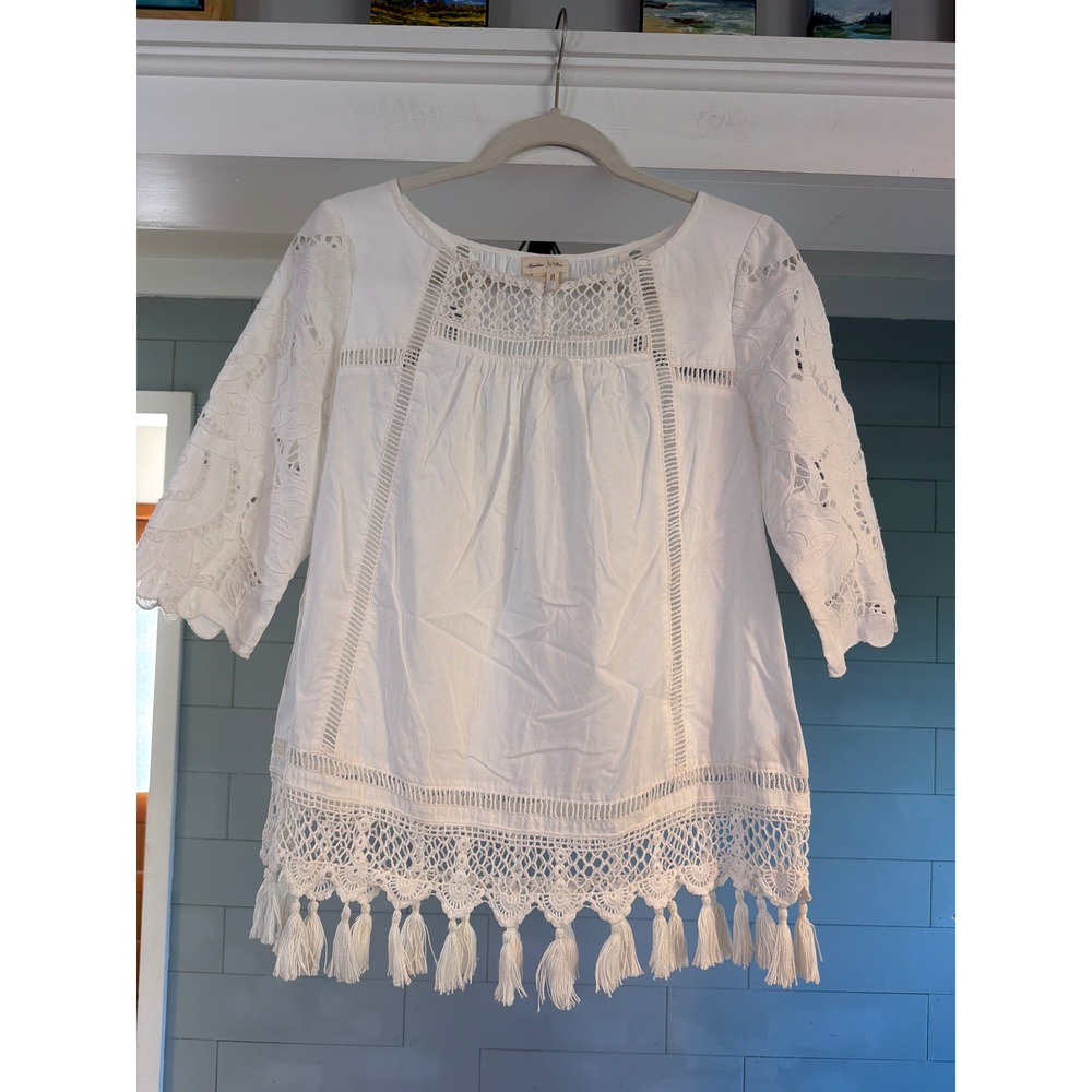 Meadow Rue Anthropologie White Cotton Lace Tassel Fringe Blouse Top US 4